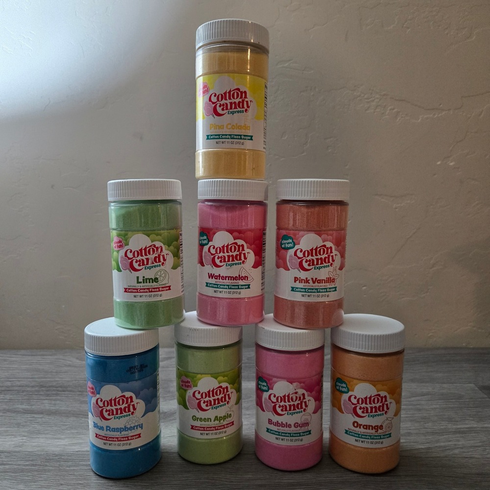Cotton Candy Express Multi Flavor Floss Sugar 8 Pack 11oz Jars Party Assortment
